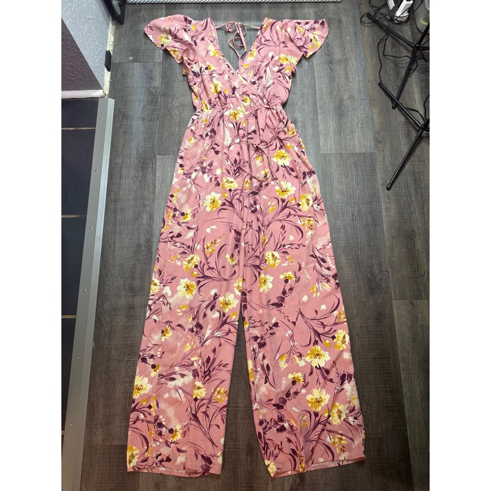 BOG Collective Pink Floral Wide Leg Jumpsuit Small Flutter Sleeve Pockets